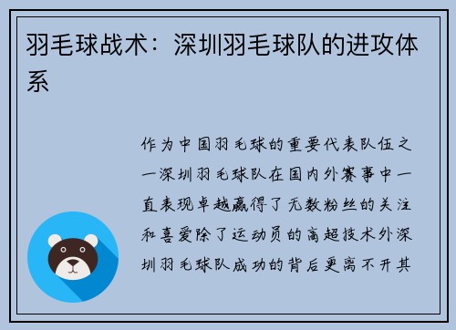 羽毛球战术：深圳羽毛球队的进攻体系