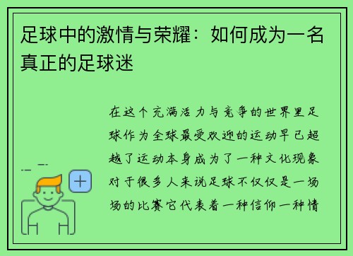 足球中的激情与荣耀：如何成为一名真正的足球迷