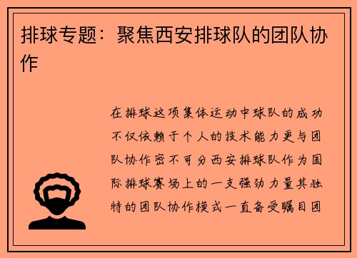 排球专题：聚焦西安排球队的团队协作