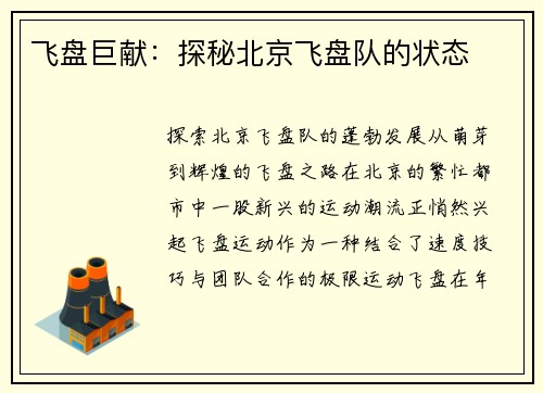 飞盘巨献：探秘北京飞盘队的状态